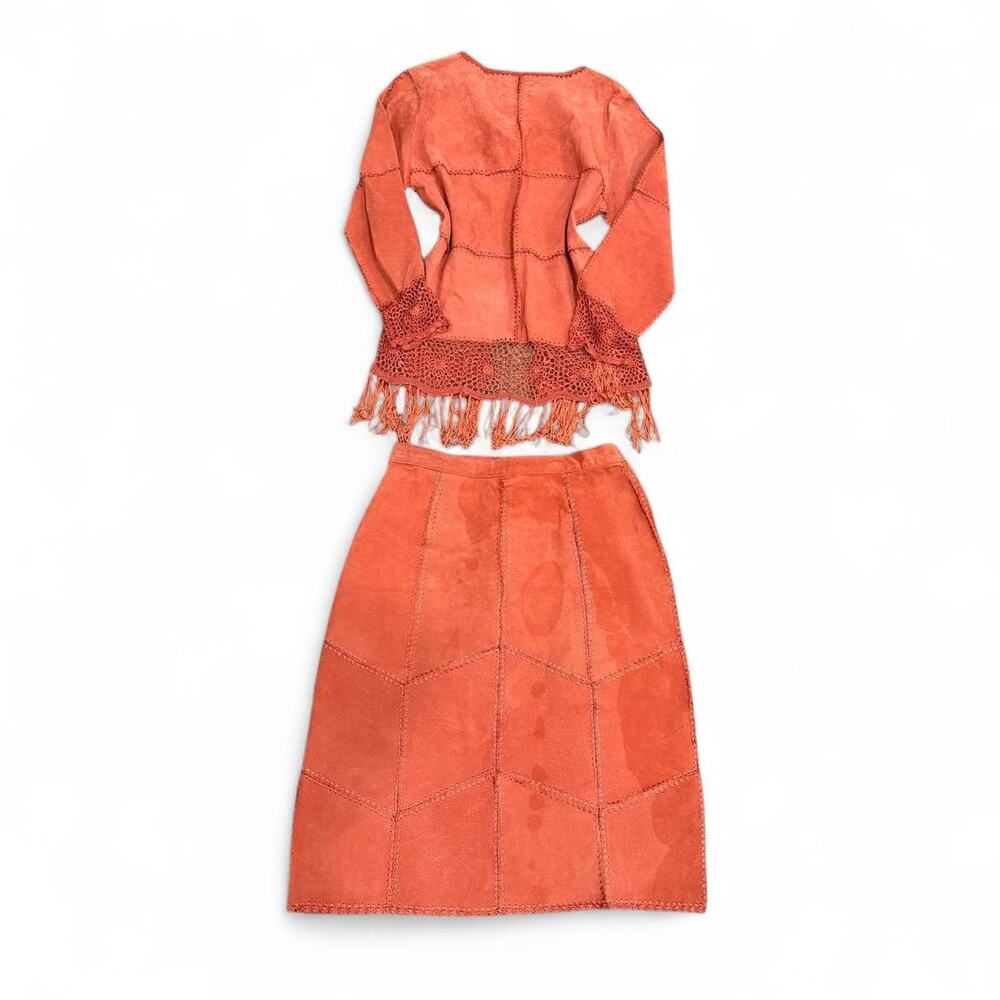 RARE 70s Italian Coral 100% Suede Fringe Two Piece Boho Western Set Size M - Picture 4 of 8